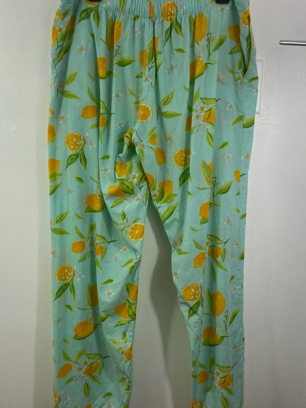 Mahogany Pajama Set Lemon Print Blue Yellow Cotton Top Pants Large Colorful